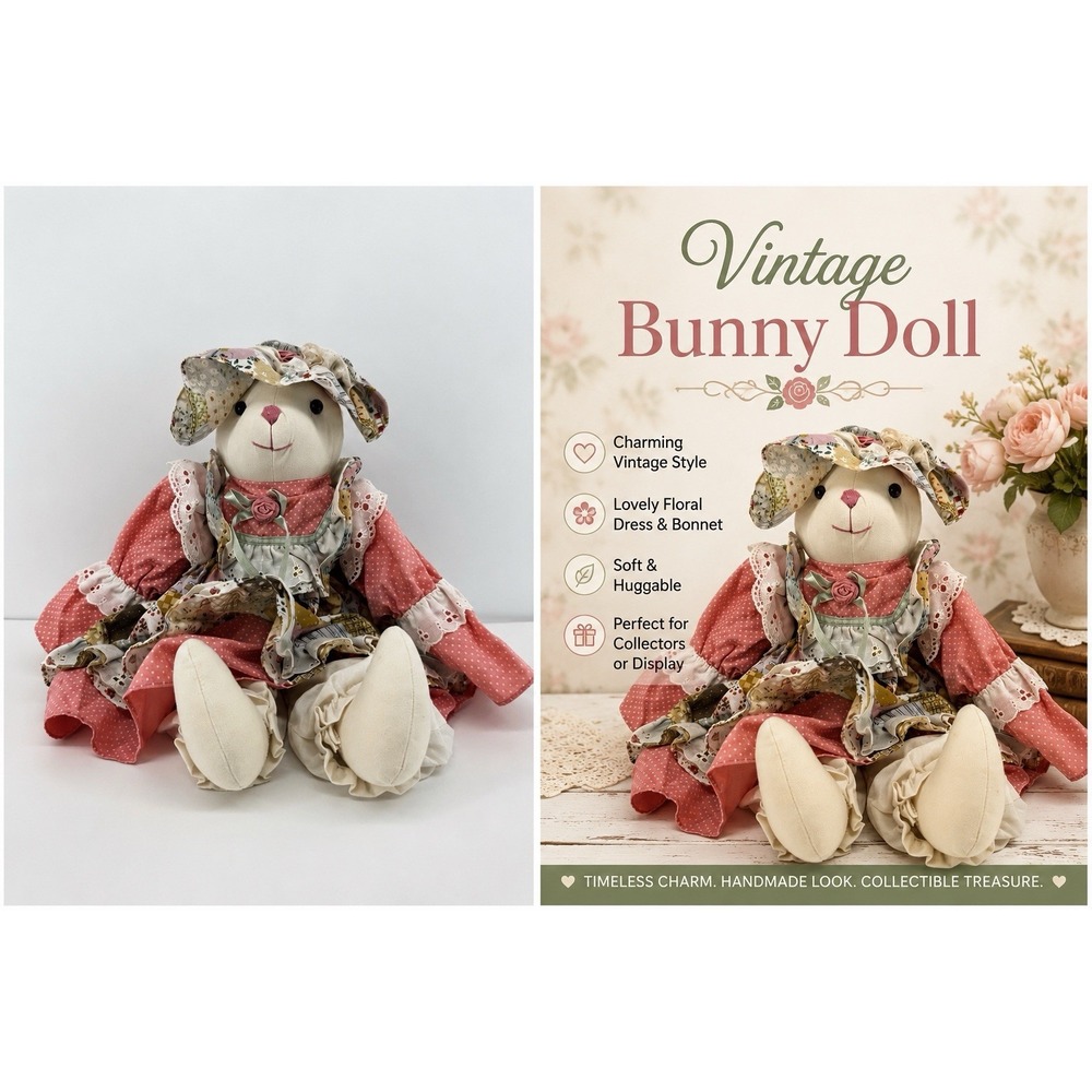 Vintage 1992 T.L. Toys Bunny Plush Doll Pink Patchwork Dress Farmhouse Decor